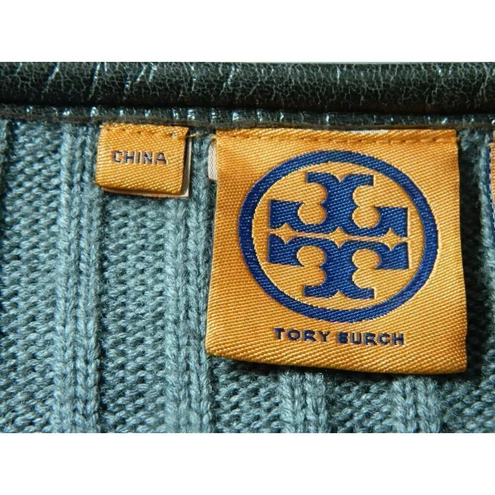Tory Burch Sweater Cardigan Size Large Gray Wool‎ Leather Trim Round Neck Zip Up
